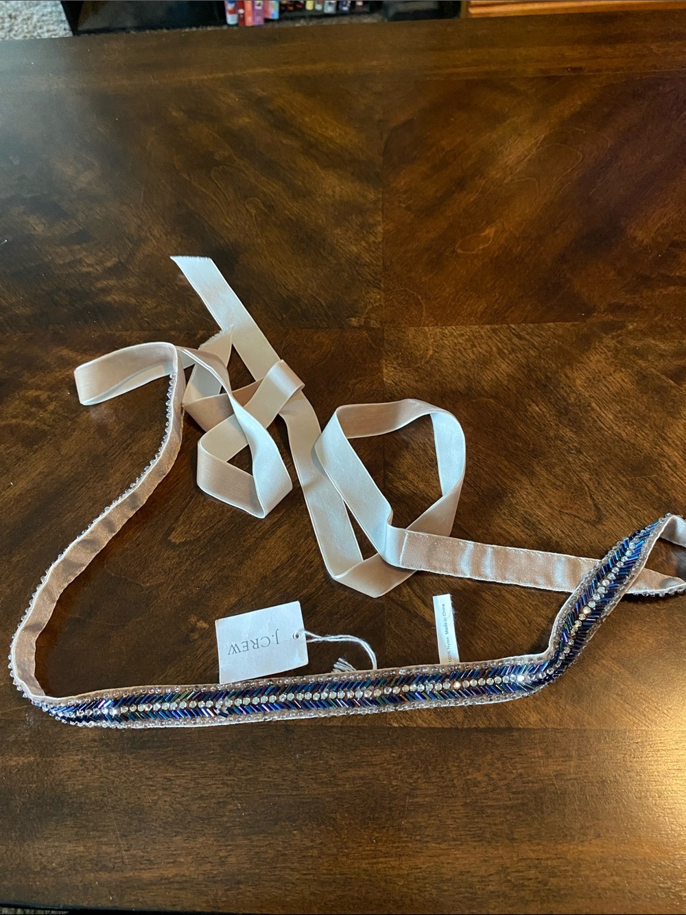 J. Crew Blue Beaded Ribbon Belt with Cream Ties